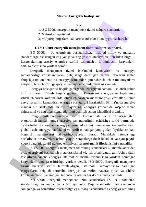 Energetik boshqaruv va iso 50001 standarti