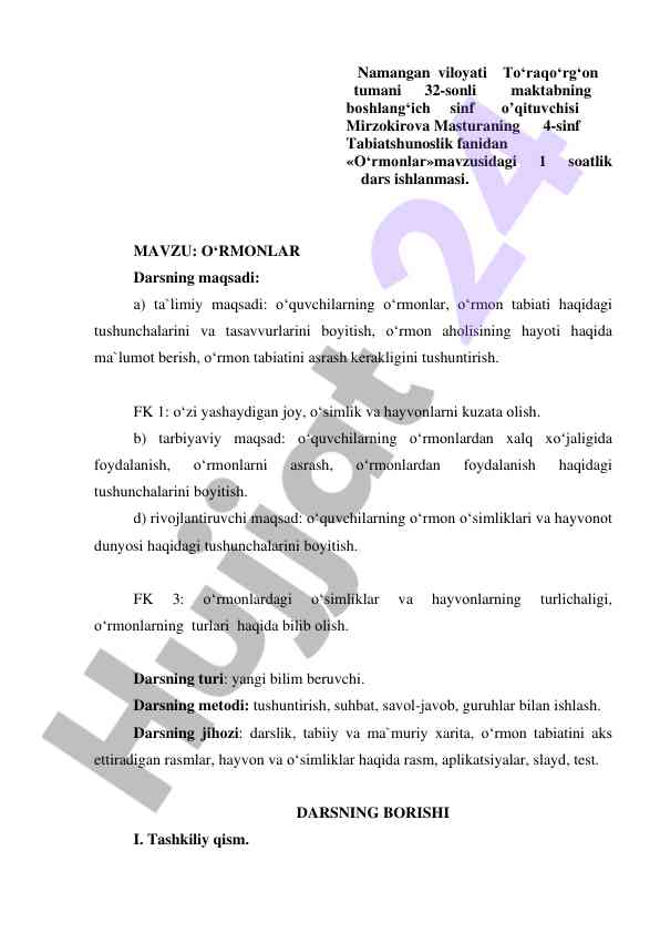 O‘rmonlar mavzusidagi dars ishlanmasi