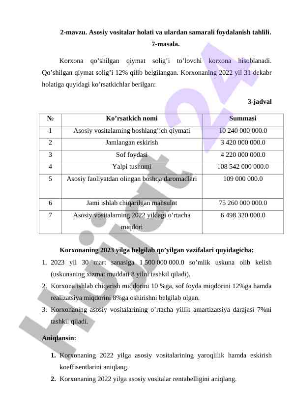 Asosiy vositalar holati va samarali foydalanish tahlili
