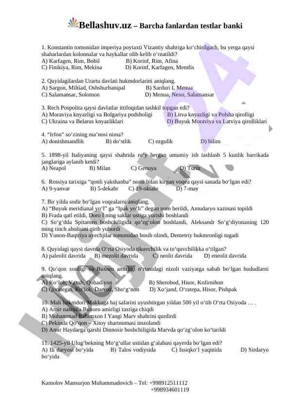 Tarixiy voqealar haqida test savollari