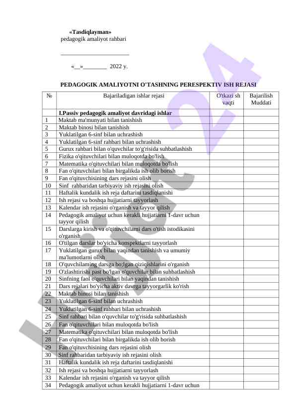 Pedagogik amaliyotni o'tash rejasi 2022
