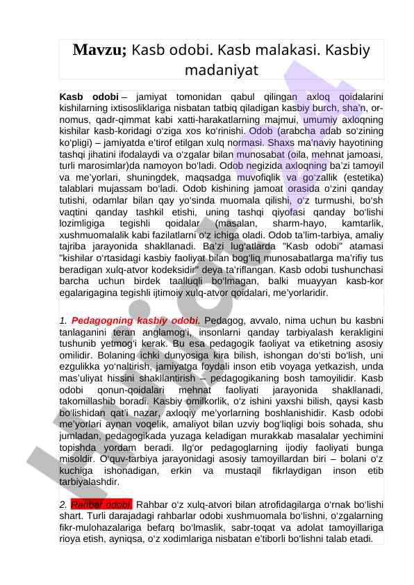 Kasb odobi va kasbiy madaniyat xususiyatlari