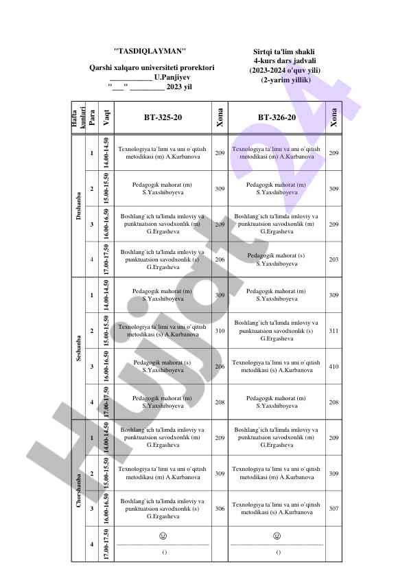 Dars jadvali va pedagogik mahorat 2023-2024