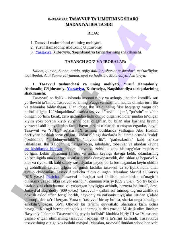 Tasavvuf taʼlimotining sharq madaniyatiga ta`siri