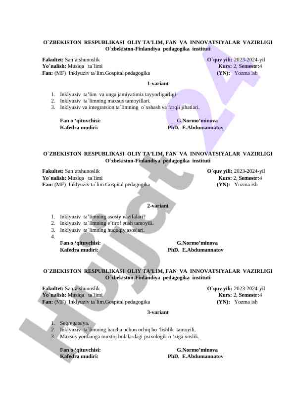 Musiqa ta'limida inklyuziv ta'lim ustida yozma ishlar
