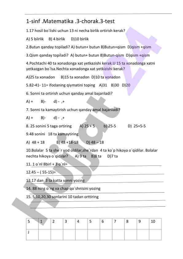 1-sinf matematika 3-chorak test savollari
