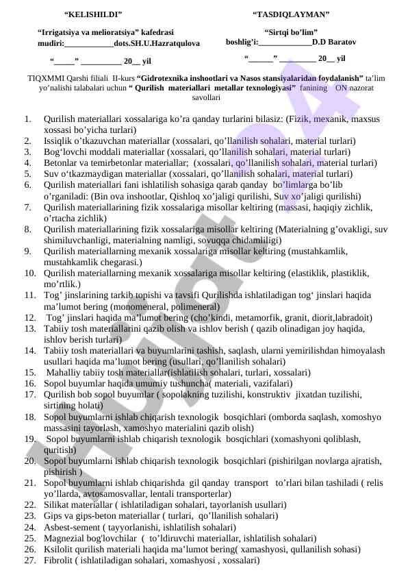 Gidrotexnika inshootlari qurilish materiallari savollari