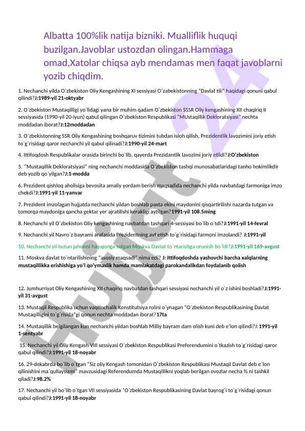 O‘zbekiston tarixi test savollari va javoblari