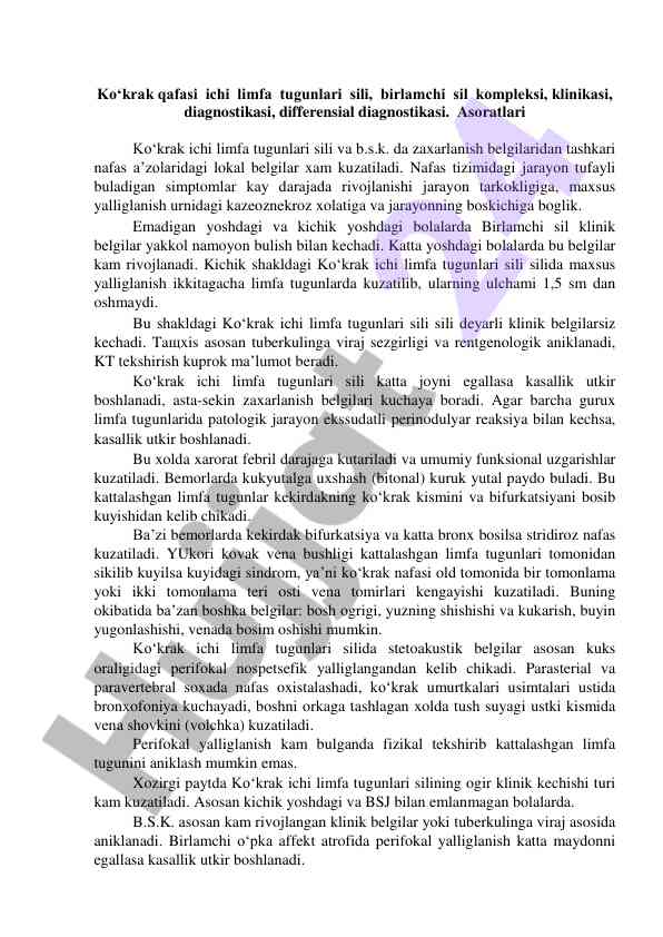 Ko‘krak qafasi ichi limfa tugunlari sili klinikalari