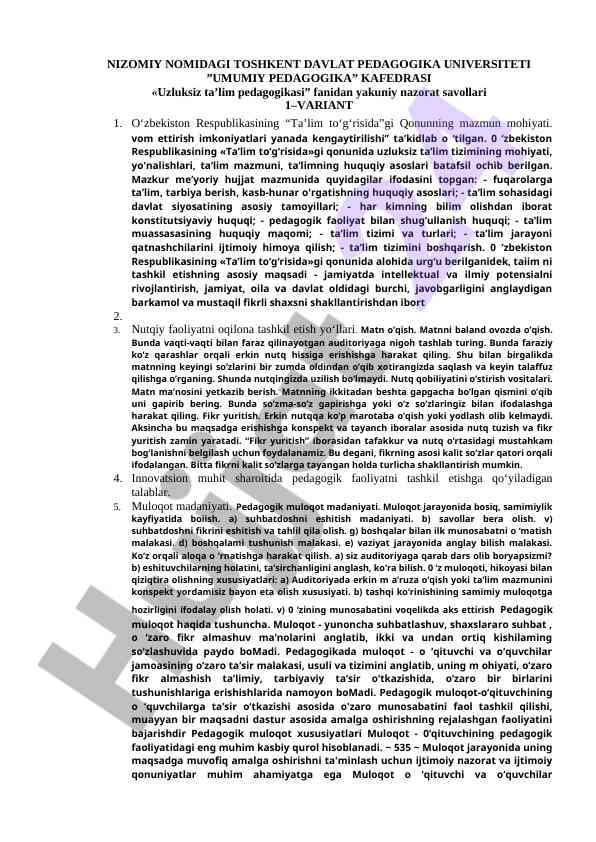 Uzluksiz ta'lim pedagogikasi bo'yicha nazorat savollari