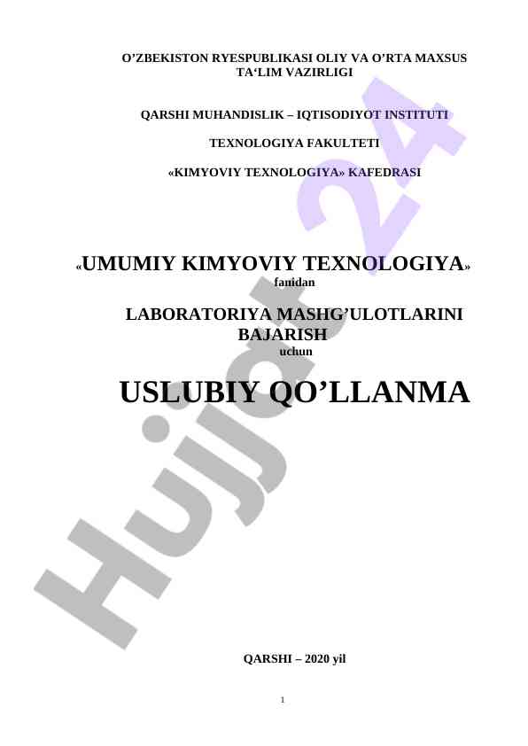 Umumiy kimyoviy texnologiya laboratoriya mashg'ulotlari