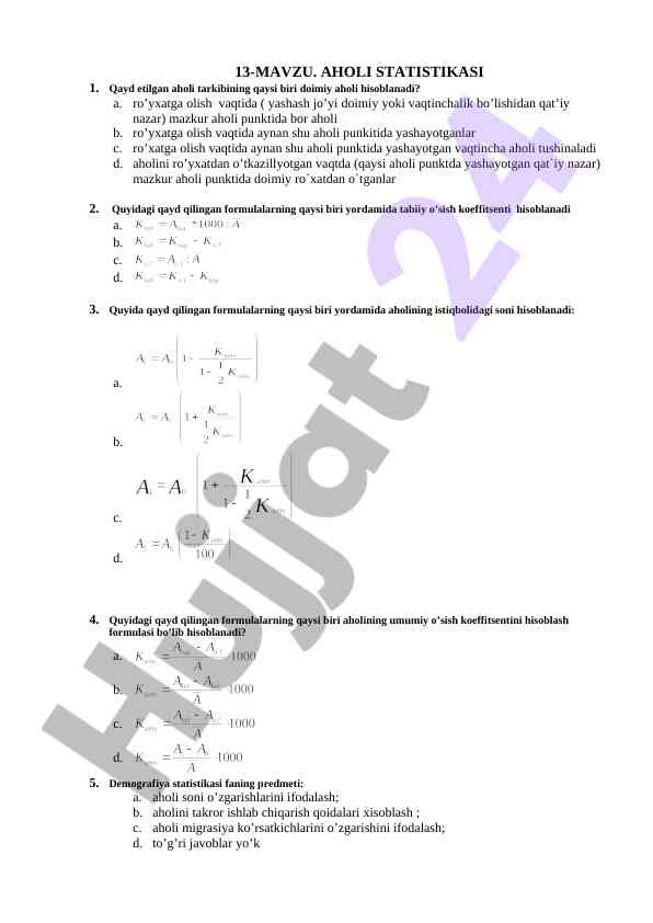 Aholi statistikasi test savollari