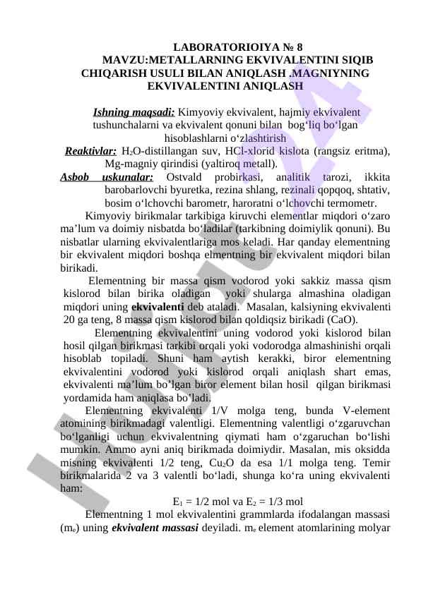 Metallarning ekvivalentini siqib chiqarish usuli