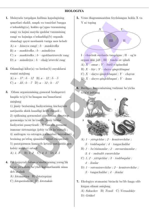 Biologiya testlari va savollari