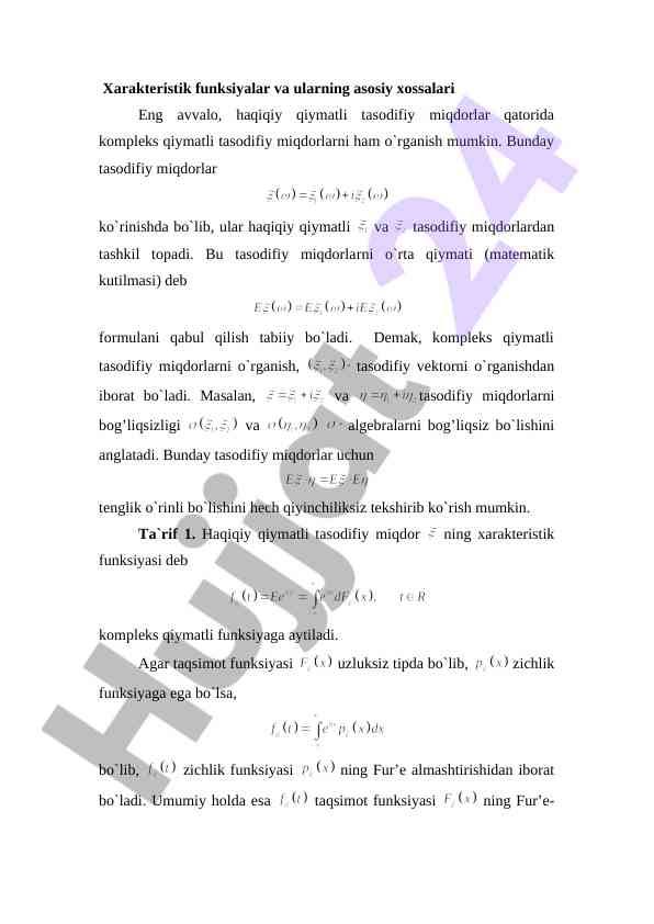 Kompleks qiymatli tasodifiy miqdorlar va ularning xossalari