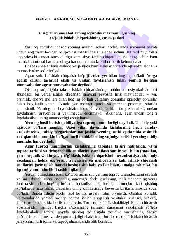 Agrar munosabatlar va agrobiznes iqtisodiy tahlili