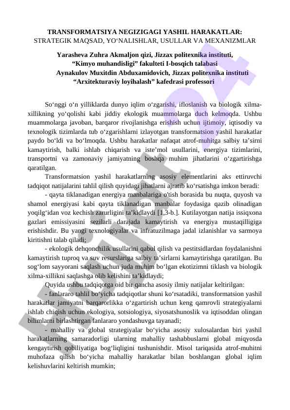 Transformatsiya negizidagi yashil harakatlar tahlili