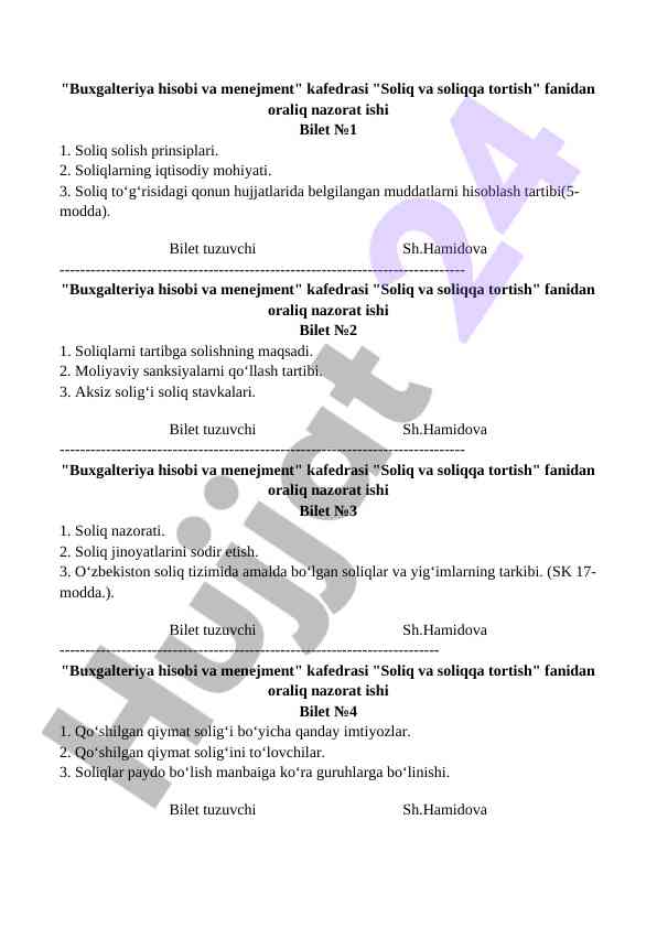 Soliq va soliqqa tortish fanidan oraliq nazorat ishlari