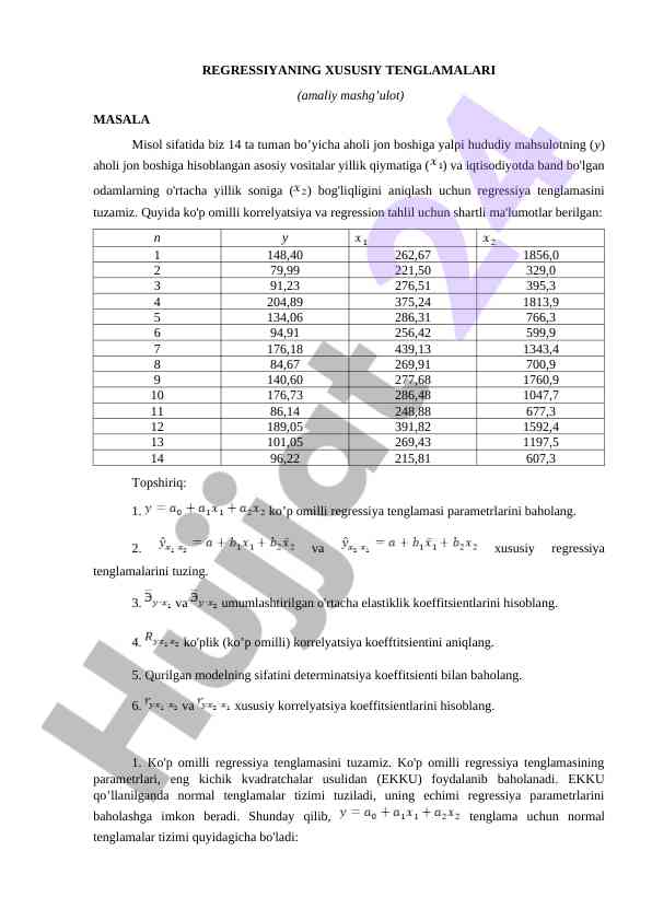 Regressiyaning xususiy tenglamalari asosida tahlil