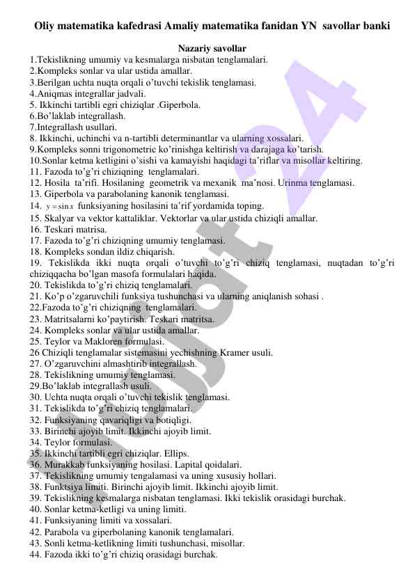 Amaliy matematika fanidan savollar banki
