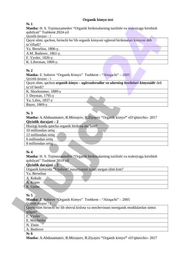 Organik kimyo testlari va ularning qiyinlik darajalari
