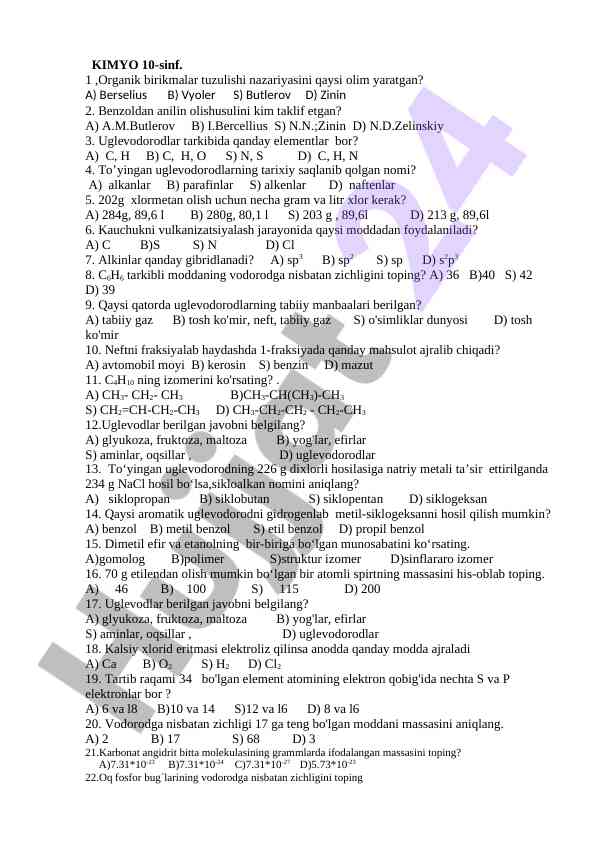 10-sinf kimyo test javoblari bilan