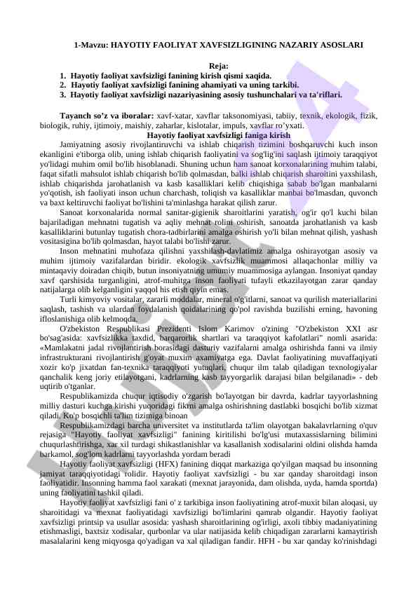 Hayotiy faoliyat xavfsizligi nazariy asoslari
