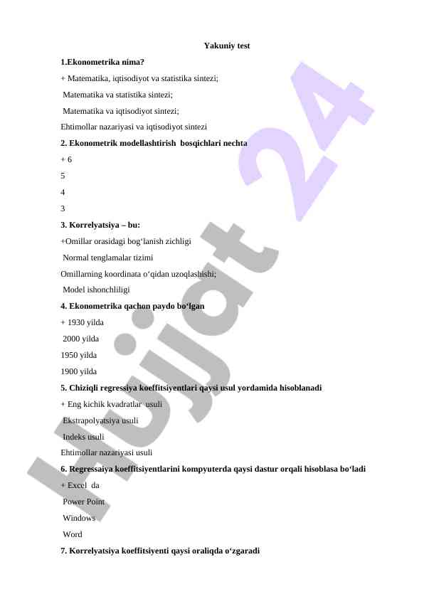 Ekonometrika test savollari va javoblar