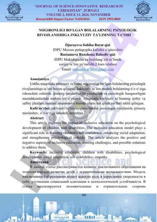 Taʼsirida inklyuziv taʼlim nogiron bolalar psixologiyasi