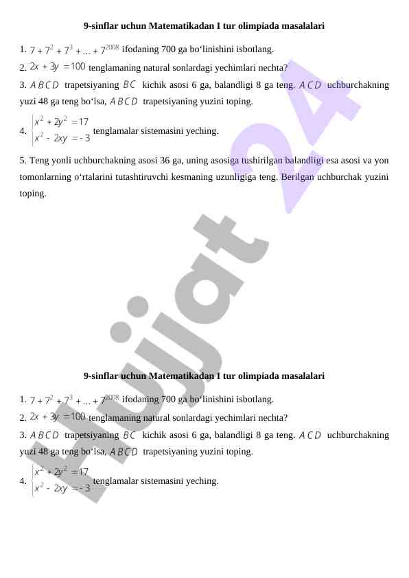 9-sinflar uchun matematikadan olimpiada masalalari