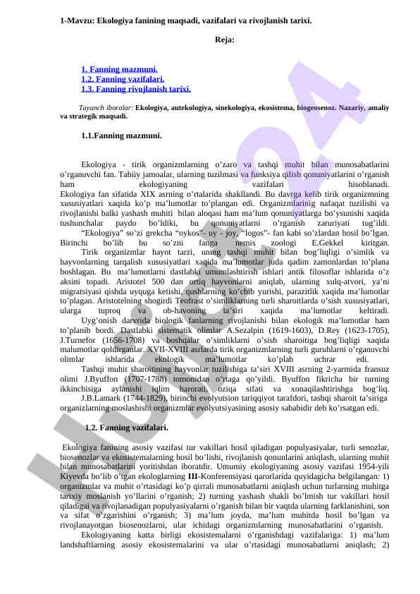 Ekologiya fanining maqsadi va rivojlanish tarixi