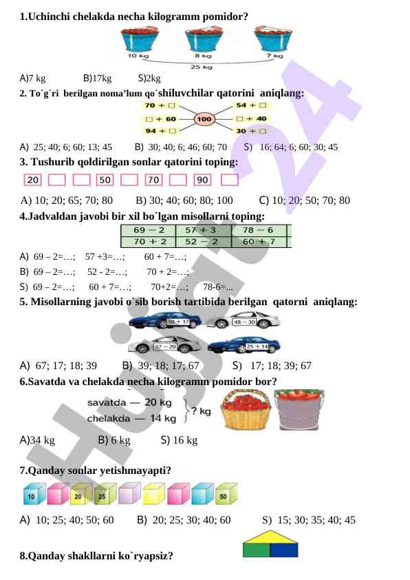 Matematik mavzular bo'yicha test savollari