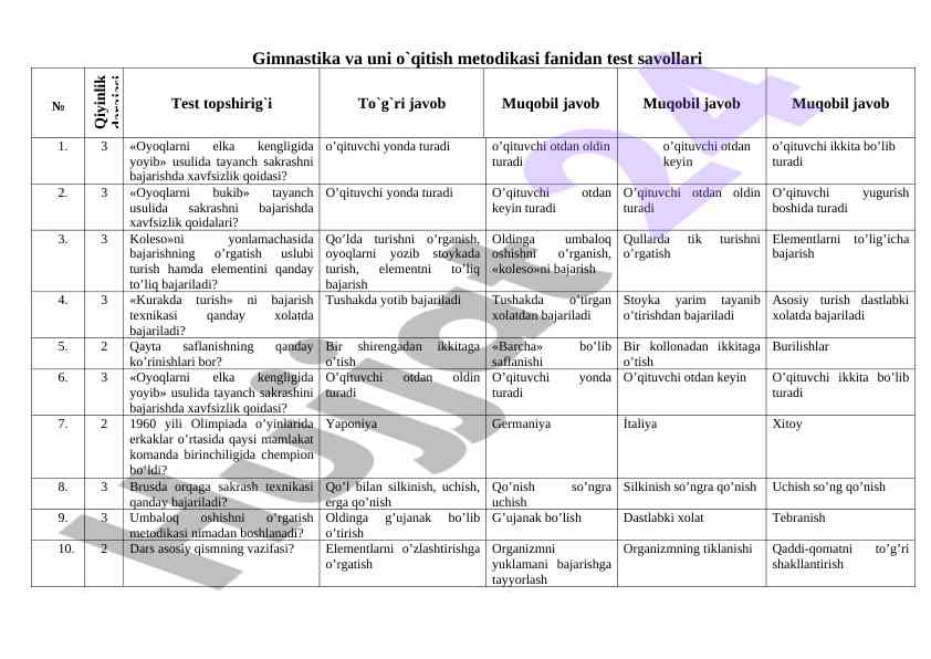 Gimnastika o'qitish metodikasi test savollari
