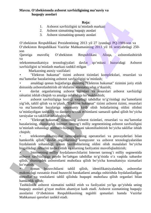 O‘zbekistonda axborot xavfsizligi asoslari