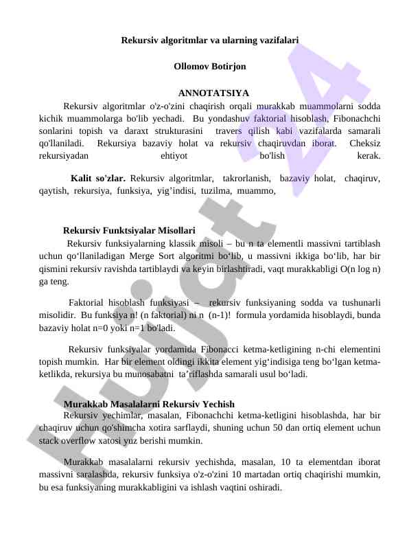 Rekursiv algoritmlar va ularning vazifalari