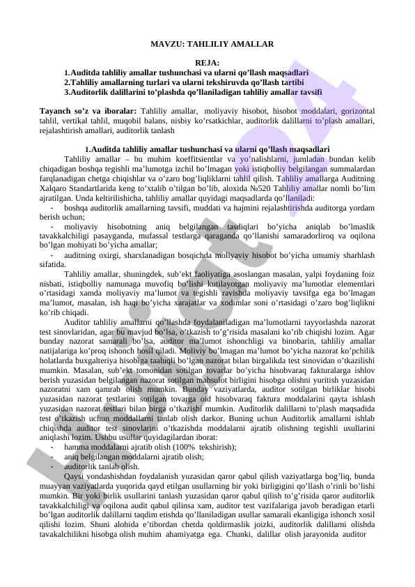 Auditda tahliliy amallar tushunchasi va qo'llanishi