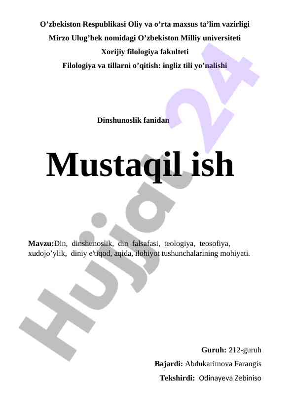 Dinshunoslik fanidan mustaqil ish mavzusi