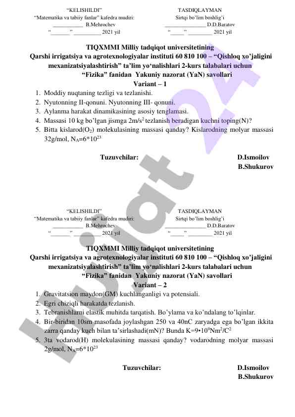 Fizika fanidan yakuniy nazorat savollari