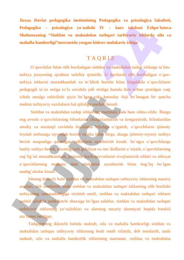 Sinfdan va maktabdan tashqari tarbiyaviy ishlar