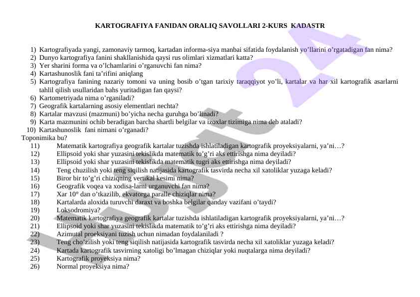 Kartografiya fanidan oralqi savollari 2-kurs kadastr
