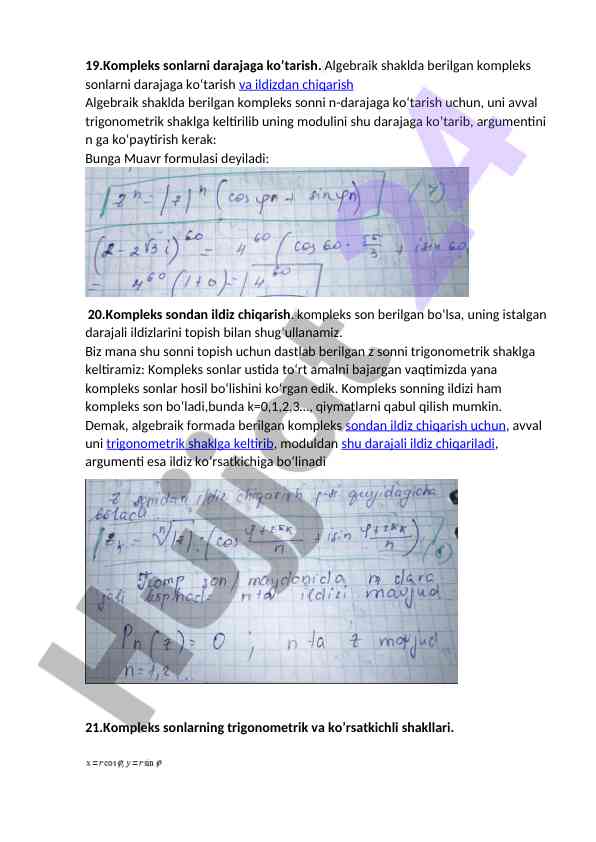 Kompleks sonlarni darajaga ko’tarish va ildizdan chiqish