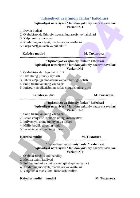 Iqtisodiyot nazariyasi yakuniy nazorat savollari