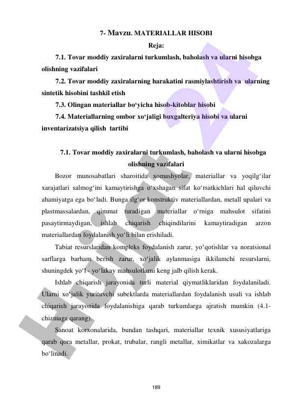 Materiallar hisobi: tovar zaxiralarini baho berish