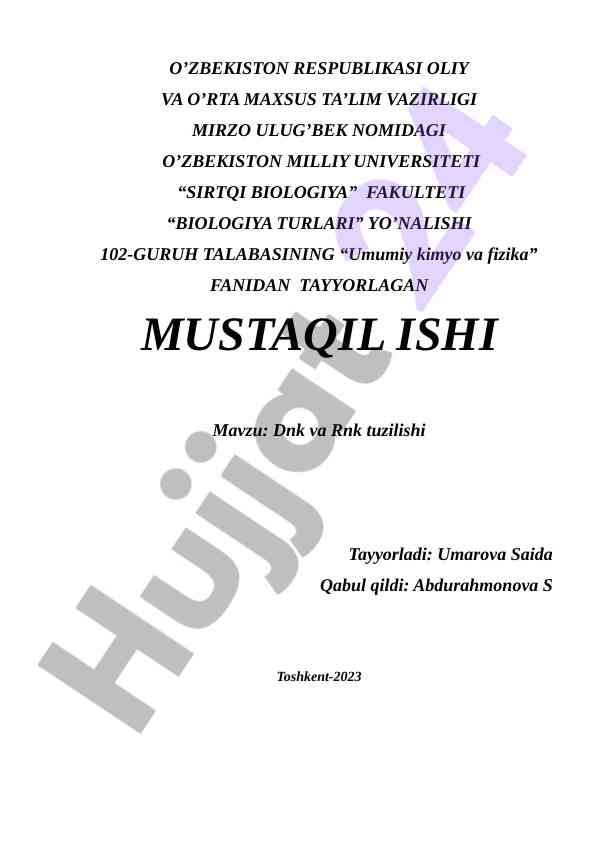 Dnk va rnk tuzilishi haqida mustaqil ish