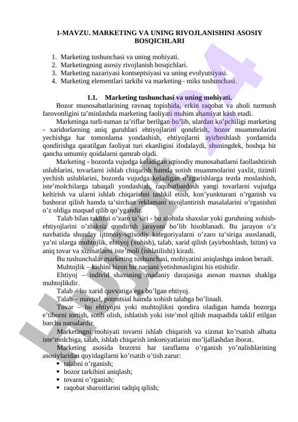 Marketing va uning rivojlanishini asosiy bosqichlari