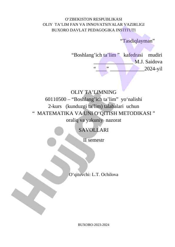 Matematika va uni o‘qitish metodikasi savollari