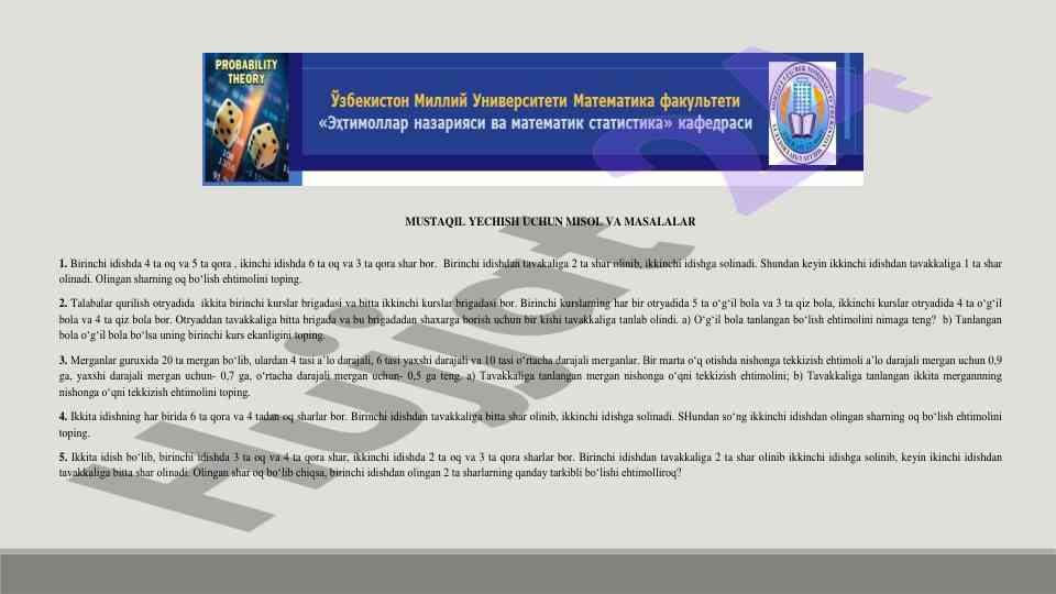 Mustaqil yechish uchun misol va masalalar