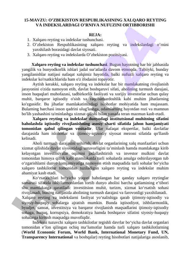 O'zbekiston respublikasi xalqaro reytinglarini yaxshilash