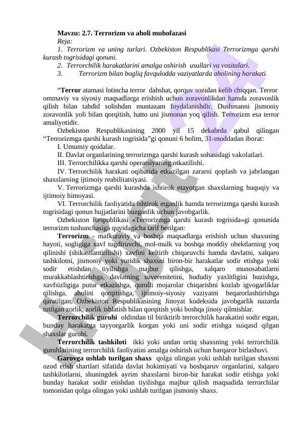 Terrorizm va aholi muhofazasi mavzusi