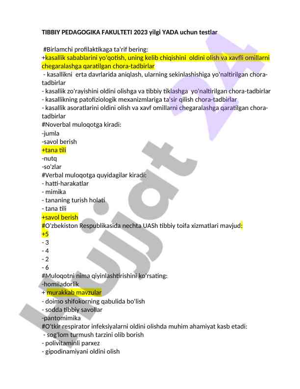 Tibbiy pedagogika fakulteti 2023 yilgi testlar